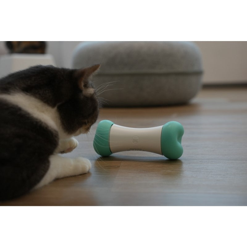 Smart interactive dog toy, bone-shaped design, app-controlled with 9 motions for engaging playtime and exercise.