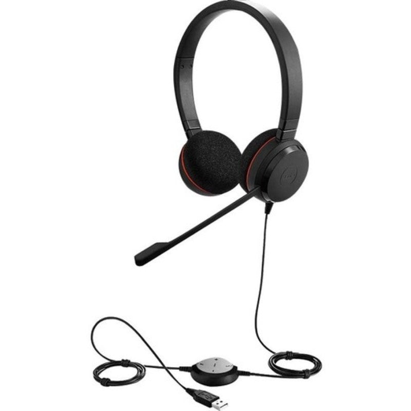 Jabra Evolve 20 Stereo MS USB-C headset in black featuring noise-cancelling mic, comfortable over-ear design, and stereo sound.