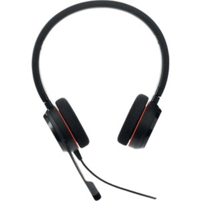 Jabra Evolve 20 Stereo MS USB-C headset in black, featuring noise-cancelling mic, comfortable fit, and rich stereo sound.