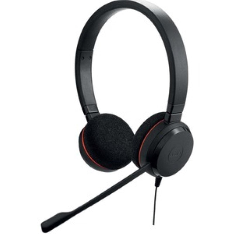 Black Jabra Evolve 20 Stereo MS USB-C headset with noise-cancelling microphone, designed for comfort and clear audio.