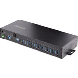 16-Port Industrial USB 3.0 Hub with steel enclosure, ESD protection, dual-host switch, and versatile mounting options.