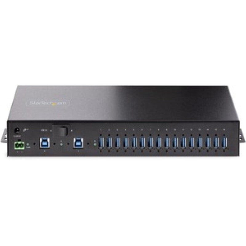 StarTech 16-Port Industrial USB 3.0 Hub with durable steel enclosure, ESD protection, and dual-host switch for versatile connectivity.