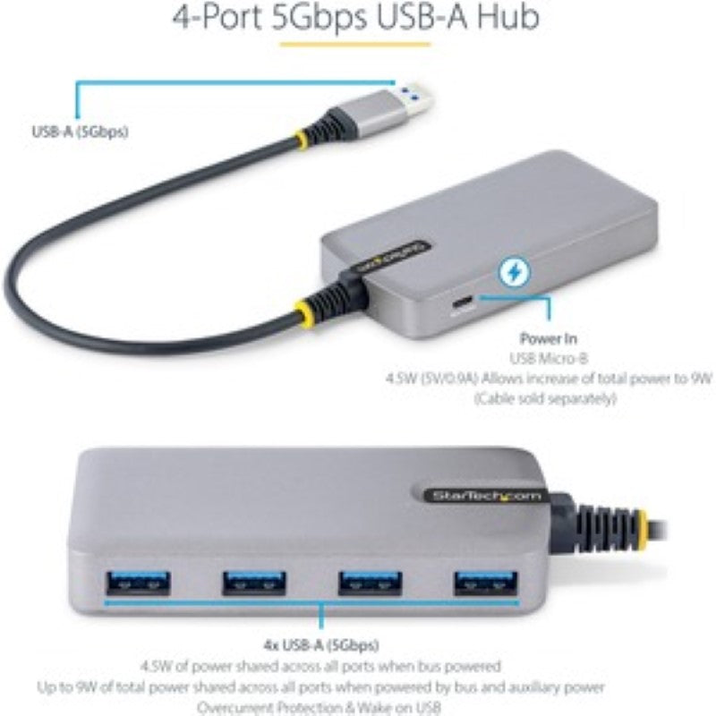 Compact StarTech 4-Port USB Hub with 5Gbps speed, ideal for connecting multiple USB-A devices seamlessly.