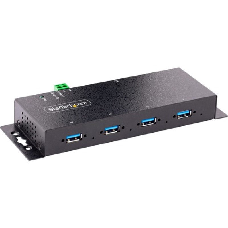 Heavy-duty 4-Port Industrial USB 3.0 Hub by StarTech with metal enclosure, ESD protection, and flexible mounting options.