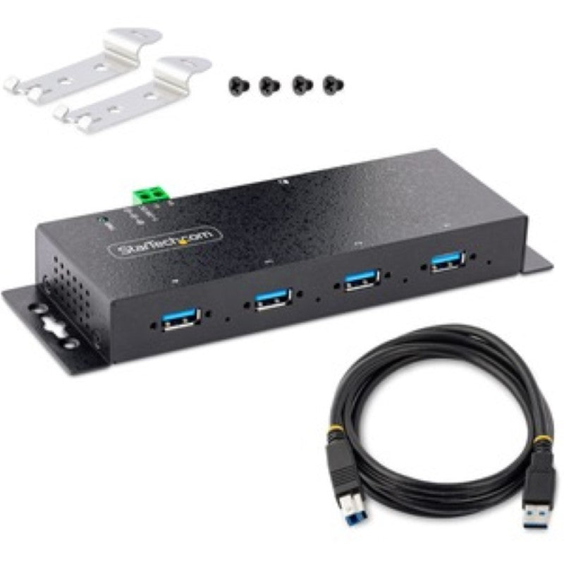 Heavy-duty metal 4-port USB 3.0 hub with ESD protection, designed for reliable performance in industrial settings.