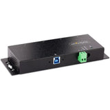 Heavy-duty StarTech 4-Port Industrial USB 3.0 Hub with metal housing, ESD protection, and versatile mounting options.