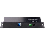 Industrial USB 3.0 hub with 4 locking ports, metal enclosure, ESD protection, and flexible mounting options.