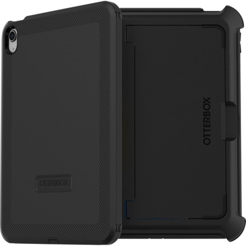 Black OtterBox Defender case for iPad 10th Gen, offering rugged protection against drops, dirt, and scratches.