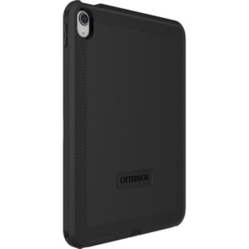 Rugged black OtterBox Defender case for iPad 10th Gen, offering drop, dust, and dirt resistance with Apple Pencil compatibility.