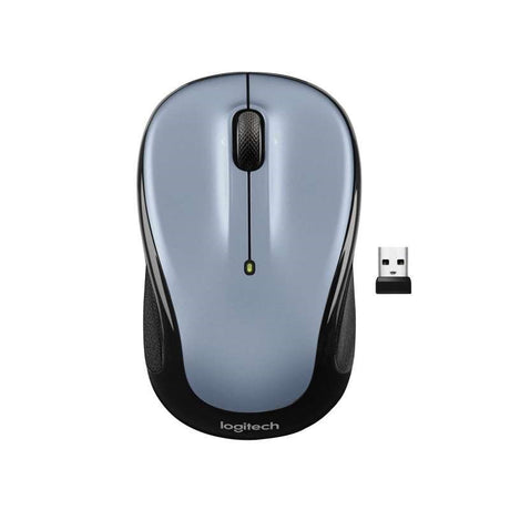 Light silver Logitech M325S wireless mouse with micro-precise scroll, tilt wheel, and ergonomic design for comfortable use.