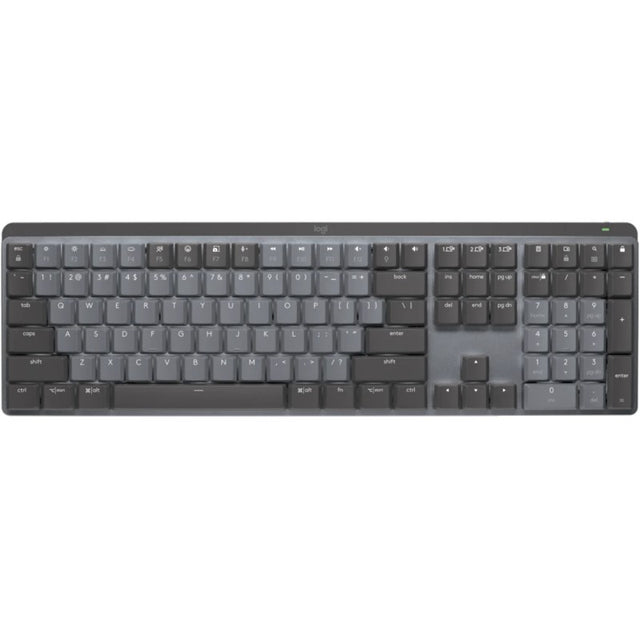 Logitech MX Mechanical Keyboard with MX linear switches, low-profile design, backlit keys, and Bluetooth connectivity.