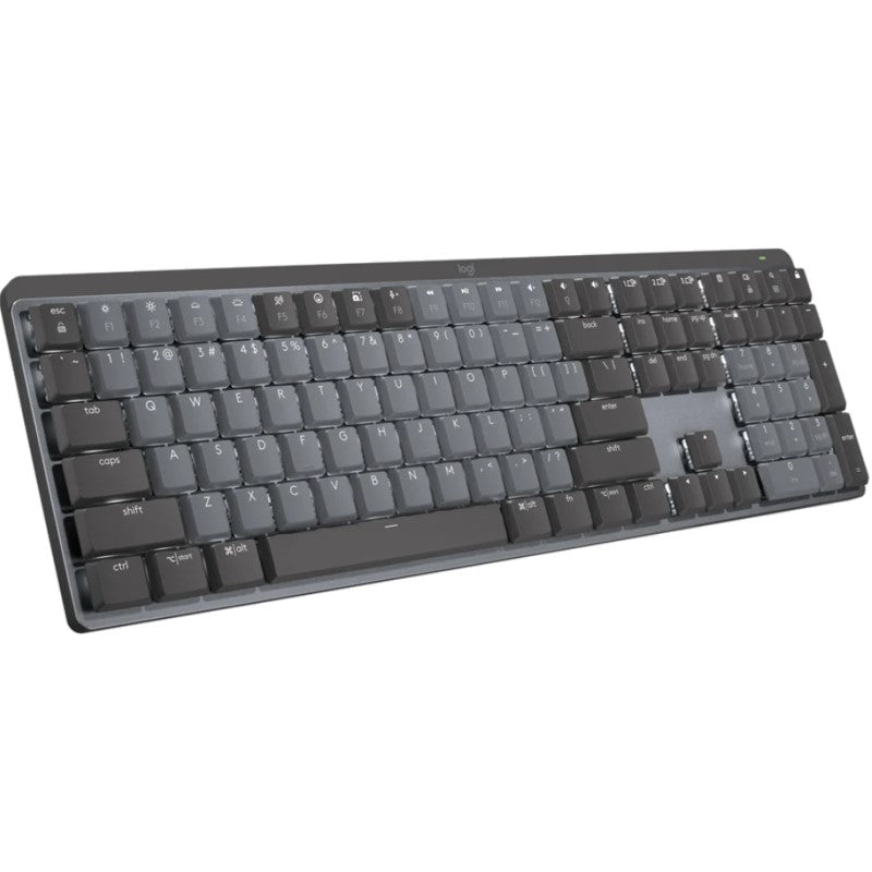 Wireless Logitech MX Mechanical Keyboard with MX linear switches, backlit keys, and dual-color keycaps for enhanced typing comfort.