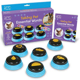 Interactive set of 6 talking buttons for pets, featuring essential phrases like "Play!" and "Outside!" for enhanced communication.