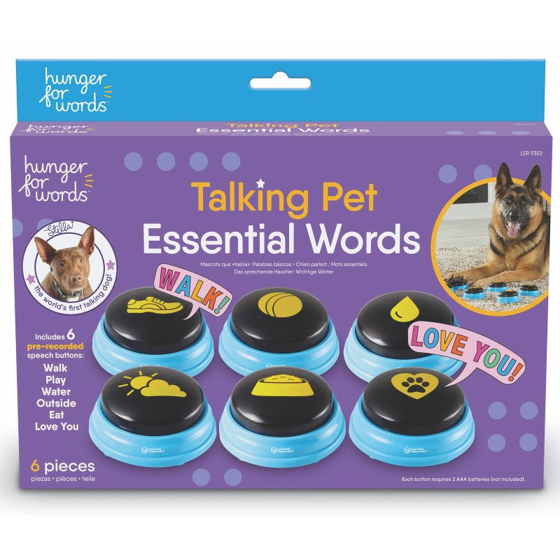 Set of 6 colorful talking buttons for pets to express key phrases like "Play!" and "Outside!" designed for interactive communication.