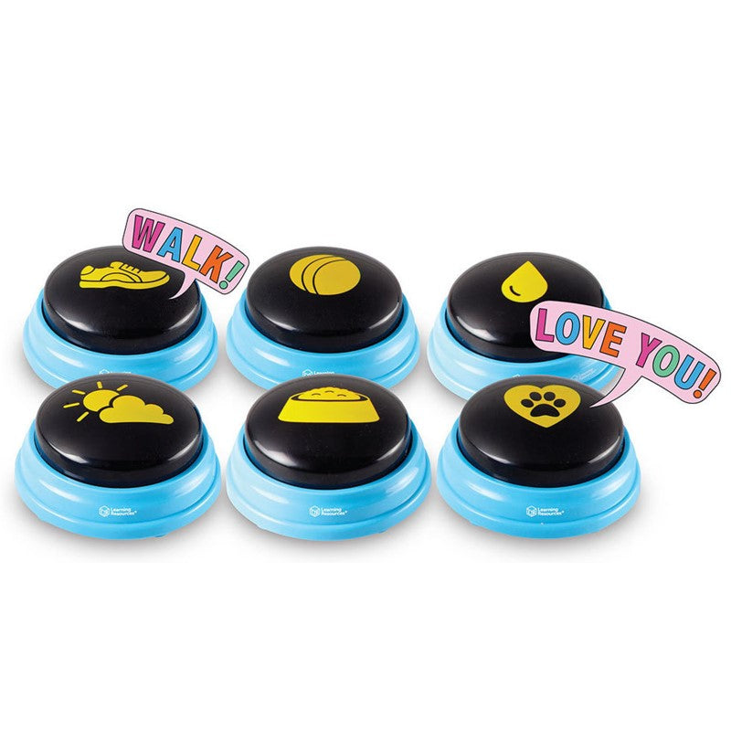 Talking Pet Essential Words Button Set with 6 interactive buttons for pets to express phrases like "Outside!" and "Play!".