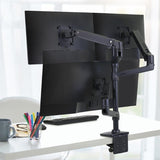 LX Dual Stacking Arm for monitors and notebooks, supporting up to 4 displays with tilt and pan features in a sleek matte black finish.