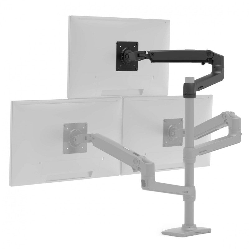 LX Dual Stacking Arm Extension for dual monitor setup; matte black finish, adjustable, supports up to 4 displays, VESA compatible.