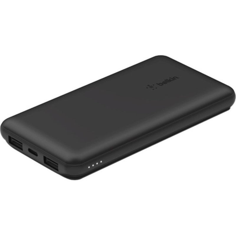 Portable Belkin BoostCharge power bank in black, 10,000 mAh capacity, with 2 USB-A and 1 USB-C port, ideal for charging on-the-go.