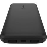 Black Belkin BoostCharge 3-PORT Power Bank 10K with 10,000 mAh, dual USB-A and USB-C ports for charging multiple devices.