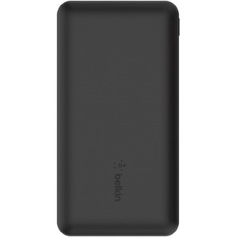 Black Belkin BoostCharge 10K power bank with 3 ports, 10,000 mAh capacity for fast charging devices on-the-go.