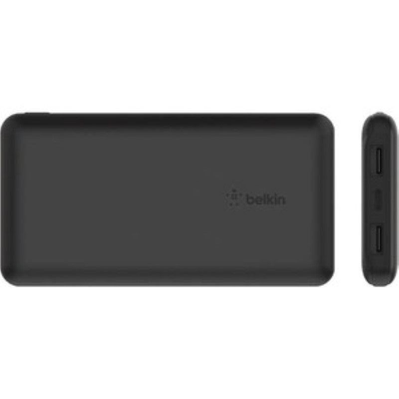 Black Belkin BoostCharge power bank with 10,000 mAh capacity, featuring 2 USB-A and 1 USB-C port for charging devices on-the-go.