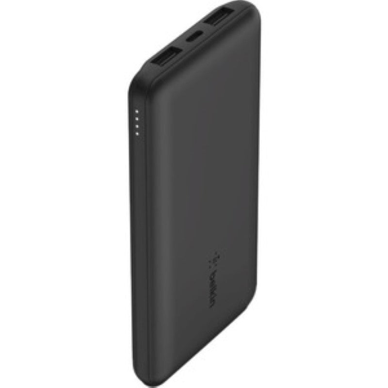 Belkin BoostCharge 3-PORT Power Bank in black, 10,000 mAh, with 2 USB-A and 1 USB-C port for multi-device charging.