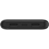 Black Belkin BoostCharge 3-port power bank with 10,000 mAh capacity for charging devices on-the-go, includes USB-A to USB-C cable.