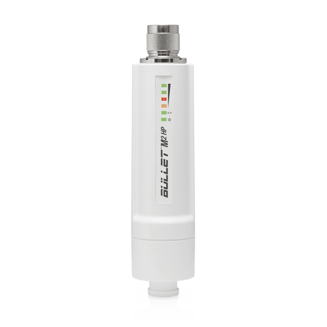 Ubiquiti Bullet BULLETM2-HP wireless bridge for outdoor connectivity, 50 km range, 100 Mbit/s data rates, compact design.