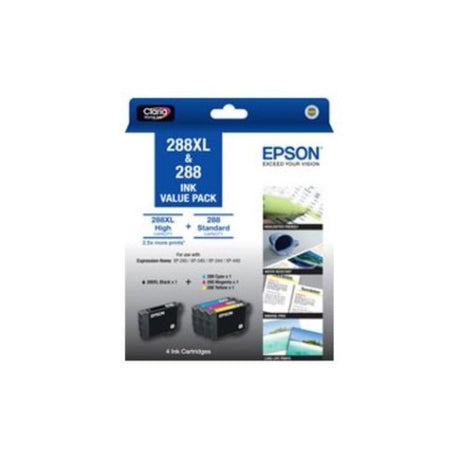 Epson DURABrite Ultra 288XL ink cartridges pack with 1 black and 3 color inks for vibrant, water-resistant prints.