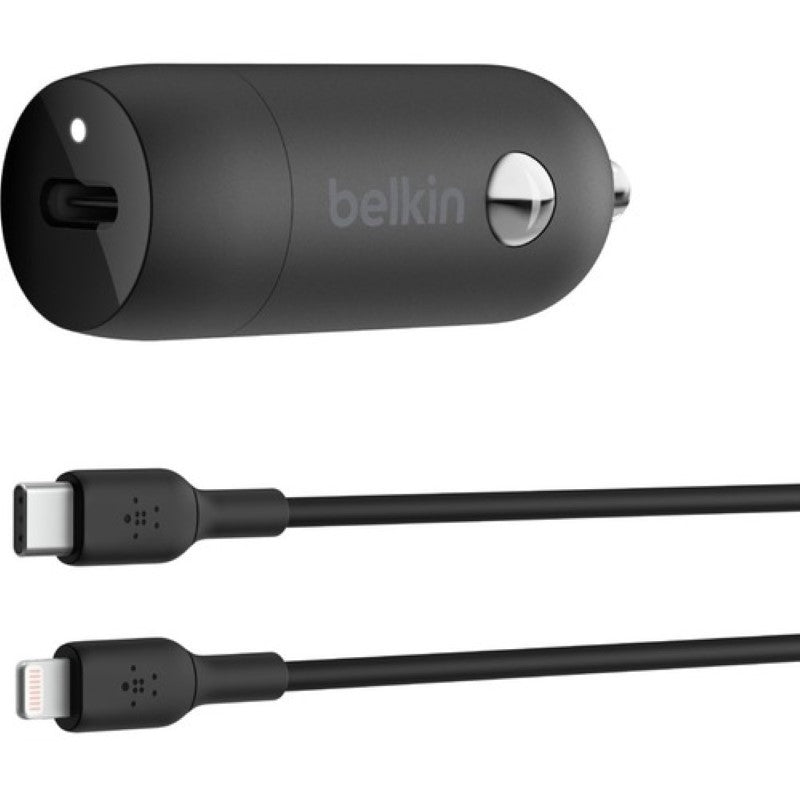 Sleek black Belkin BoostCharge 30W USB PD car charger with PPS, providing fast charging for smartphones and tablets on the go.