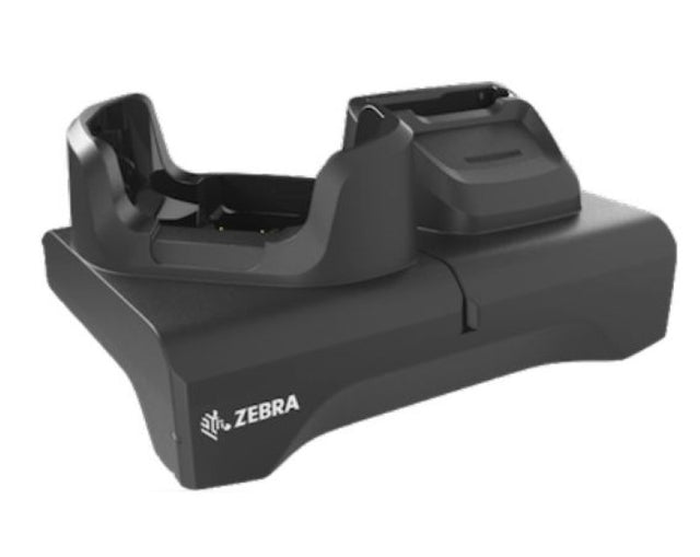 Zebra single-slot charger for TC53/TC58, charges devices and batteries efficiently, includes power supply and compatibility inserts.