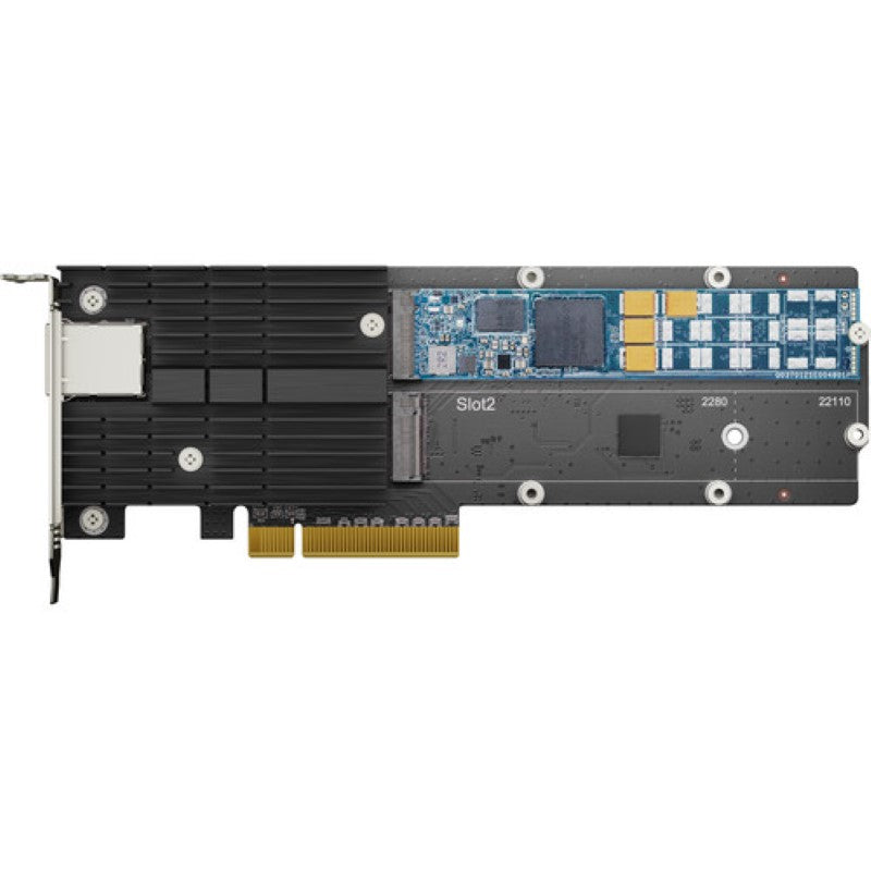 Synology M.2 SSD & 10GbE Combo Adapter Card, compact design for enhanced I/O performance and network bandwidth on NAS devices.