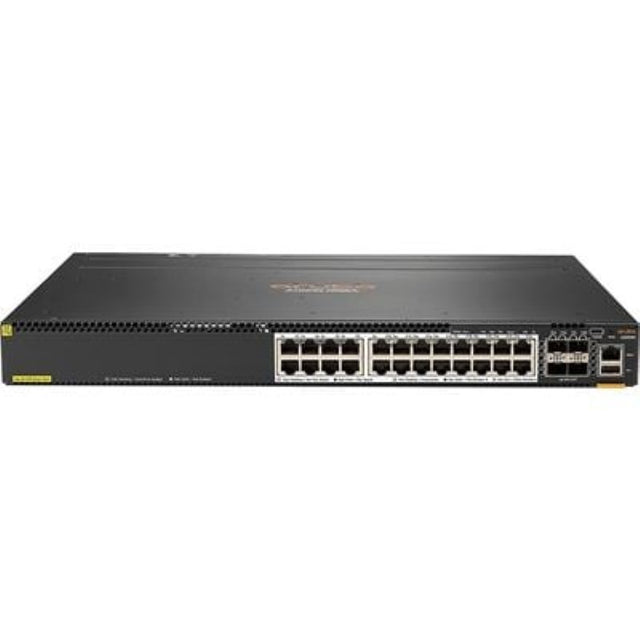 HPE Aruba 6300M Ethernet Switch with 24 ports, Layer 3 support, SFP slots, rack-mountable design for advanced networking.