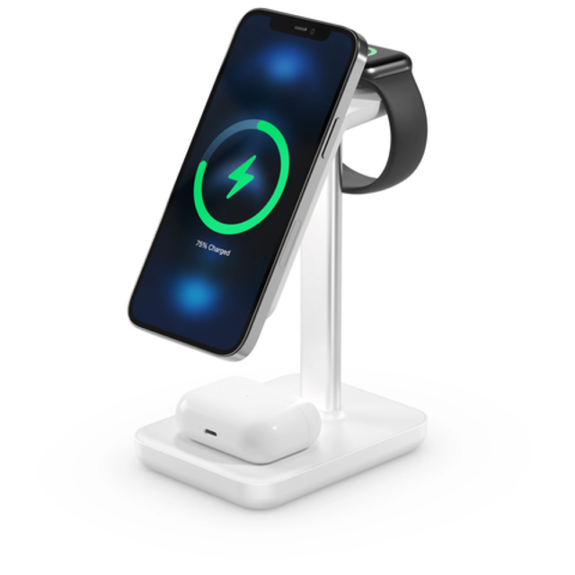 Alogic Journey 3-in-1 Wireless Charging Stand with MagSafe for iPhone, Apple Watch, and AirPods; sleek and clutter-free design.