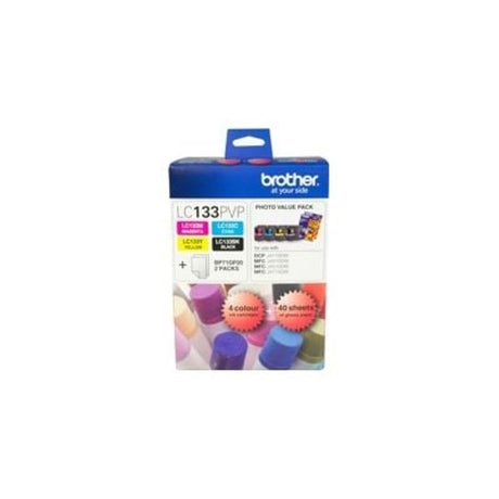 Brother LC133PVP ink cartridge value pack with black, cyan, yellow, and magenta cartridges and two photo paper packs.