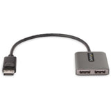 DisplayPort MST Hub connecting two displays at 3840x2160 resolution, featuring HDR support and hassle-free installation.