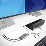 DisplayPort MST Hub enabling dual 3840x2160 displays at 60Hz with plug-and-play setup, ideal for multitasking.