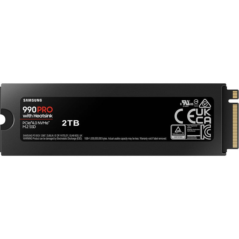 Samsung 990 PRO 2TB M.2 SSD featuring PCIe 4.0, 7450 MB/s read speed, and AES encryption for high-performance data storage.