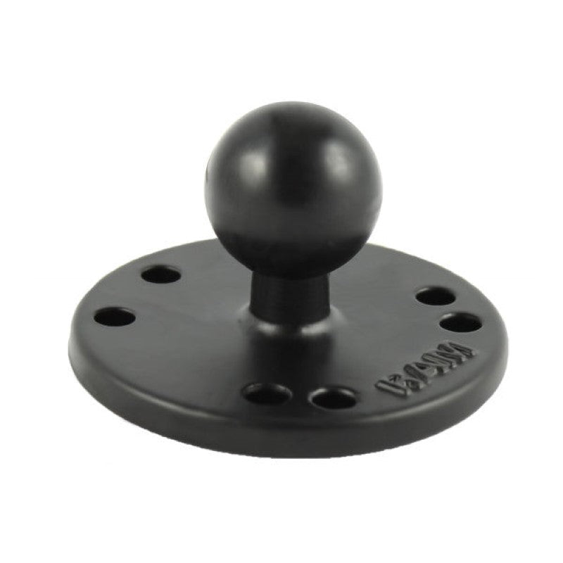 2.5-inch round RAM mount plate with universal AMPS hole pattern for secure device mounting in rugged environments.