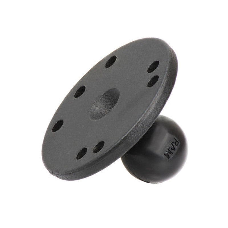 Strike Group RAM 2.5" round mounting plate with AMPS hole pattern and 1" rubber ball for secure device support.