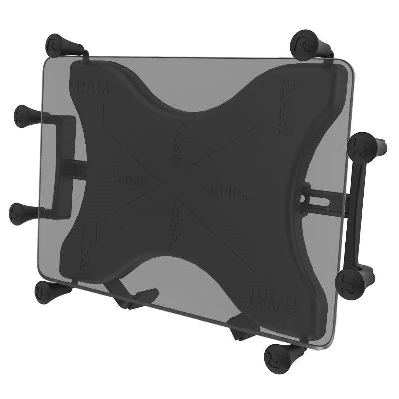 Universal cradle for 10-inch tablets featuring an X design for secure grip and easy release, ideal for vehicles and workstations.