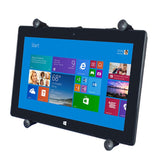 Universal cradle with spring-loaded 'X' design securely holds 9"-10" tablets, featuring durable materials and easy-release knobs.