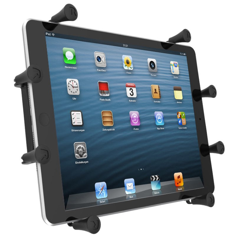 Universal cradle for 9"-10" tablets featuring a spring-loaded 'X' design, ideal for vehicles, offices, and workshops.