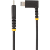 "Right-angled 3ft USB-C to Lightning cable by StarTech, designed for fast charging and rugged durability in tight spaces."