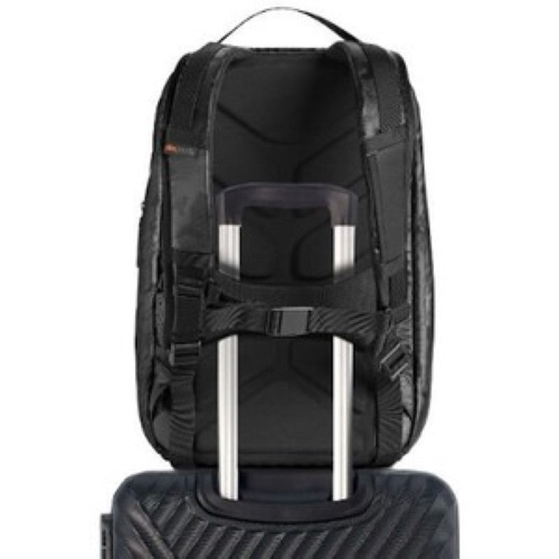 Durable Black Camo 16L backpack designed for 15" notebooks with impact and water resistance, featuring multiple carry options.