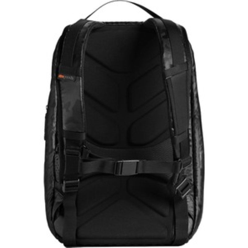 DUX 16L Backpack in Black Camo for 15" notebooks, featuring impact-resistant, water-resistant design for tech protection.