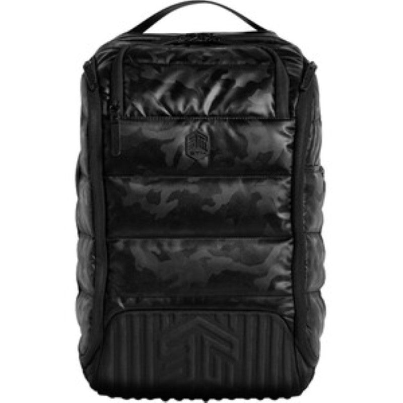 DUX 16L Black Camo Backpack for 15" notebooks, impact and water-resistant, with spacious compartments and versatile carrying options.