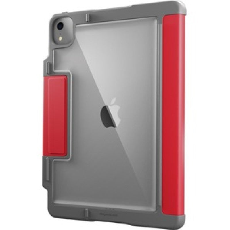 Red transparent DUX PLUS Carrying Case for iPad Air, featuring magnetic closure, Apple Pencil storage, and military-grade protection.