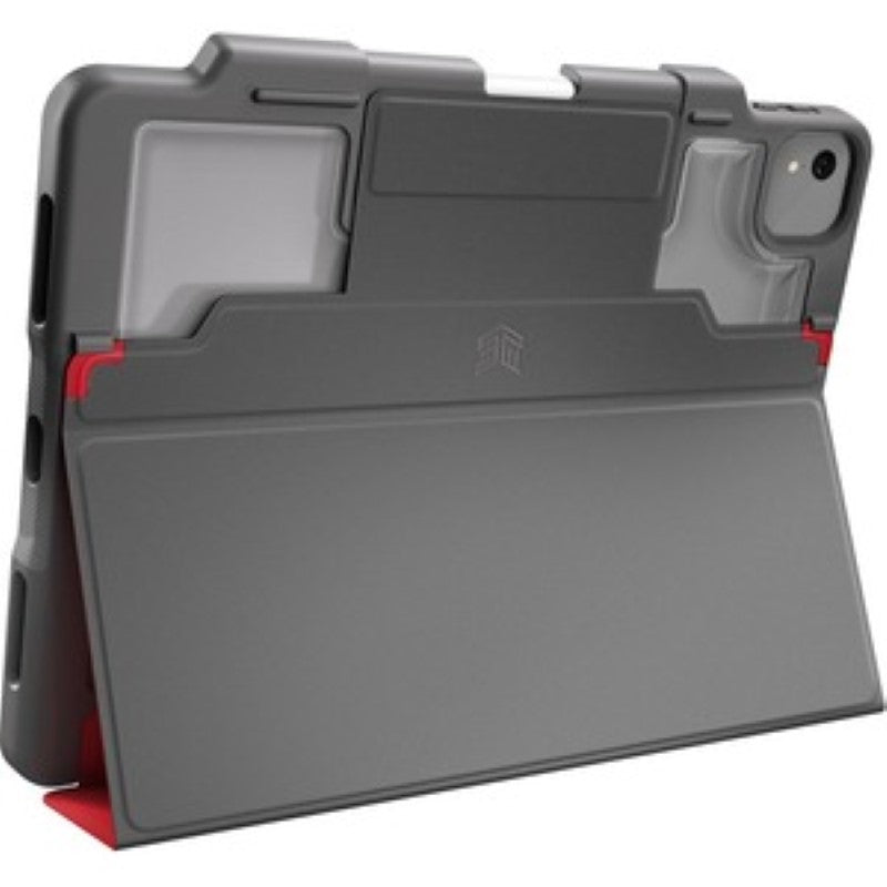 Transparent red DUX PLUS carrying case for iPad Air 4th/5th Gen, features magnetic closure, water and drop resistance, and Apple Pencil storage.