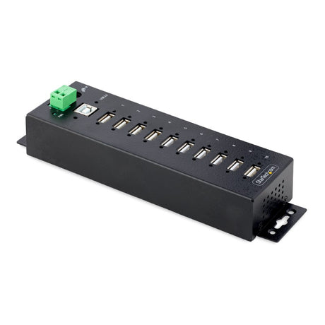 Durable StatTech 10-Port Industrial USB 2.0 HUB with steel housing, ESD protection, and flexible mounting options.